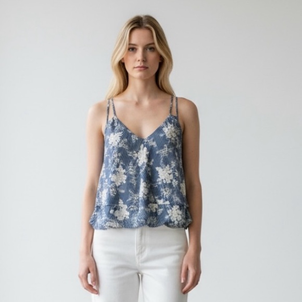 Urban Outfitters Blue with White Floral Print & Stripes‎ Spaghetti Strap Blouse